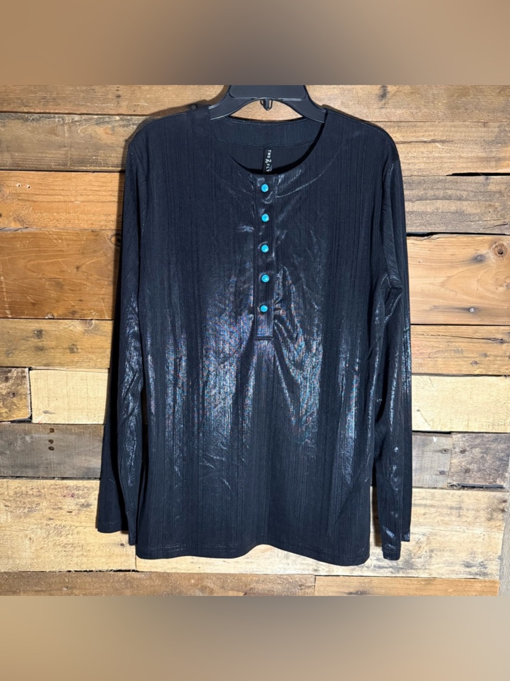 2 Fly Co. The Henley Top. Size Medium.  Shiny Black with Turquoise Buttons.